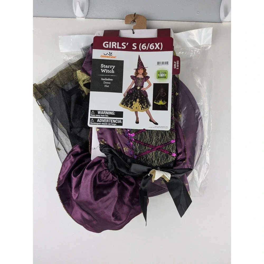 Celebrate Girls Starry Witch Halloween Costume Dress Hat Size S 6 6X‎ Glow Dark